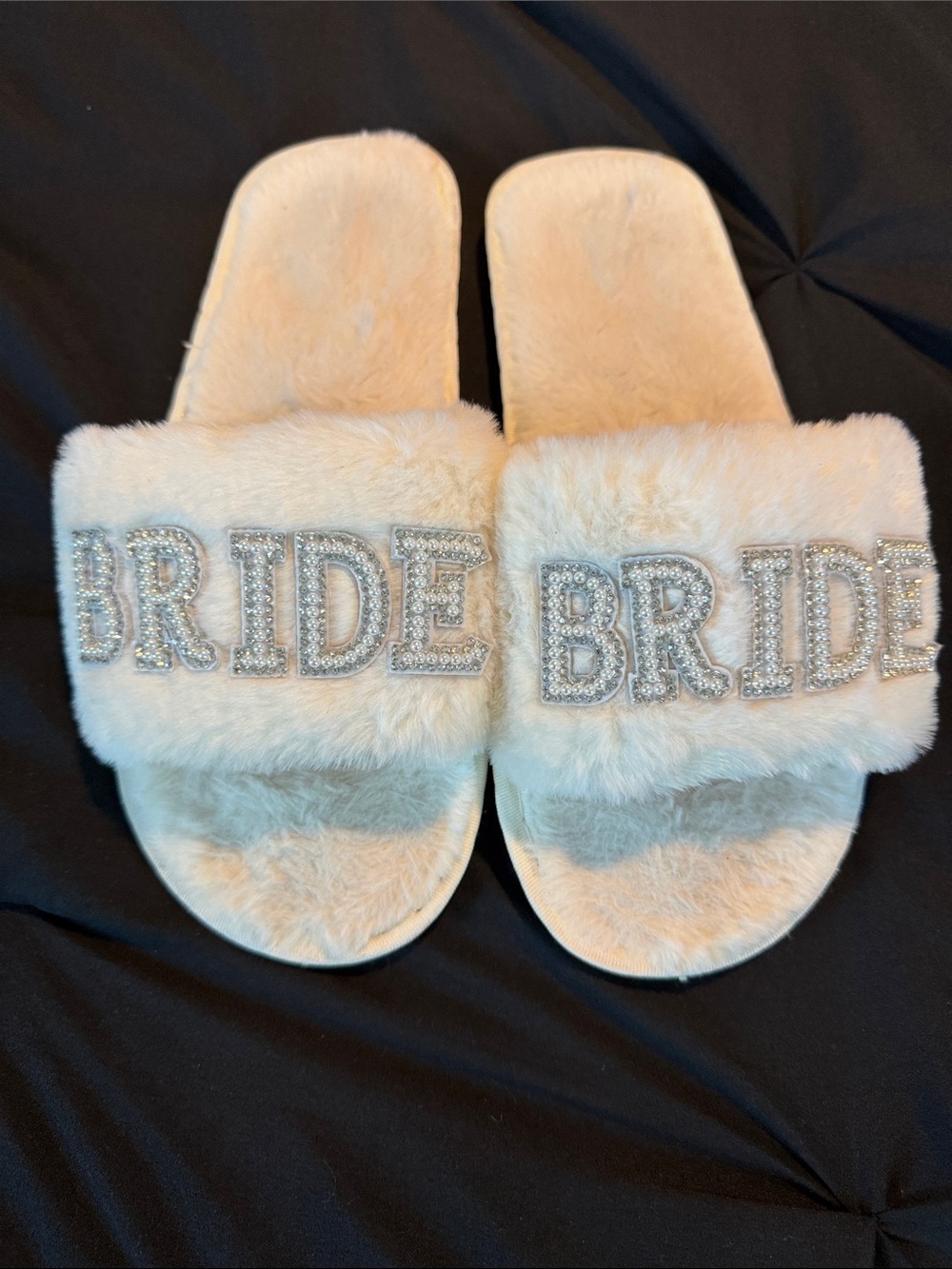 Bride Faux Fur Slide Slippers with Rhinestone Lettering